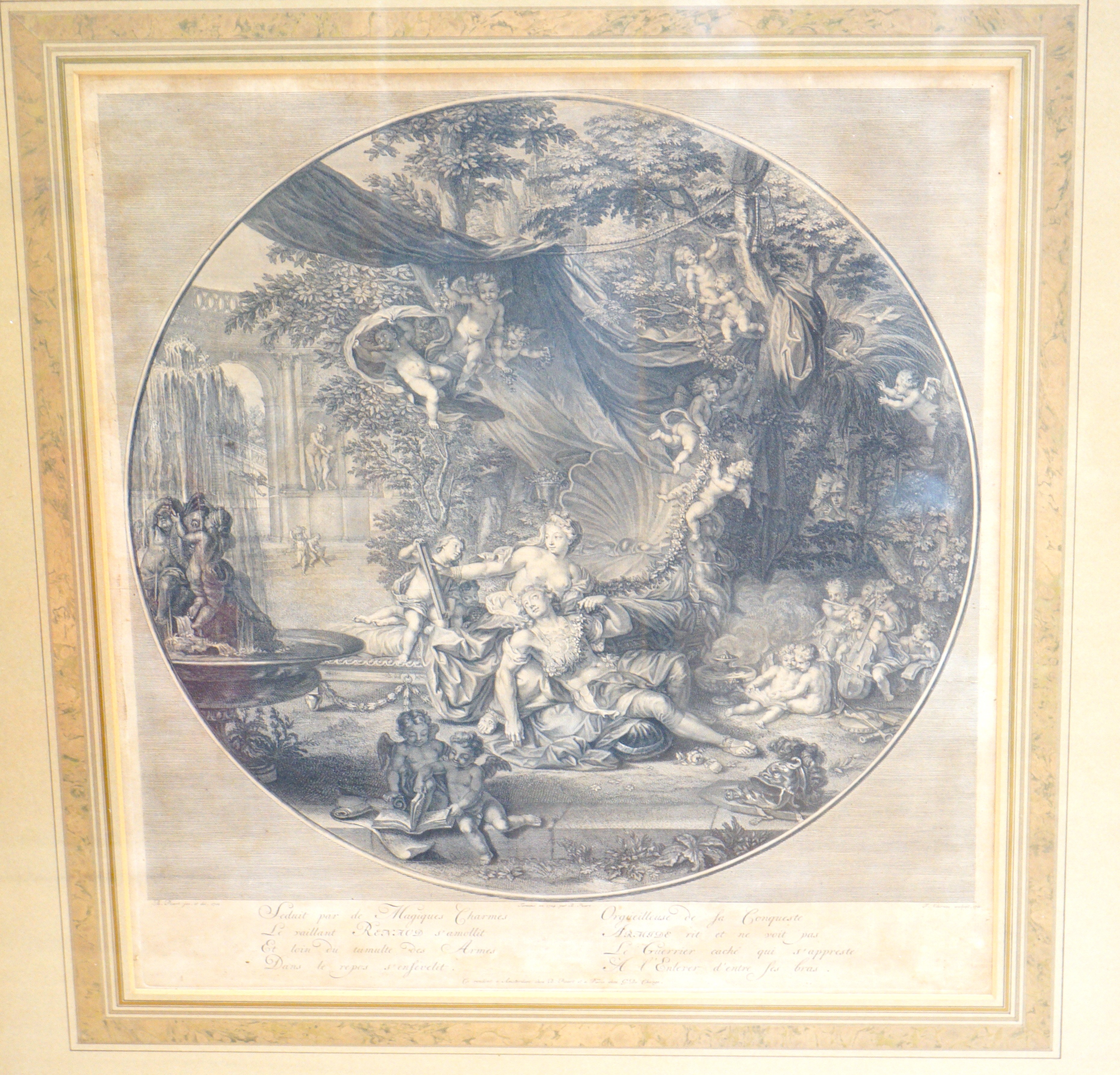 Chereau after Picart, engraving, 'Orgueilleuse de la Conqueste', 49 x 45cm, an engraving after Claude Lorrain, 'Sun setting', and an engraving of children, 36 x 48cm